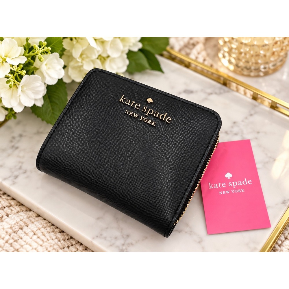 Kate Spade New York Black Saffiano Zip Wallet Gold Logo Classic Chic NWT